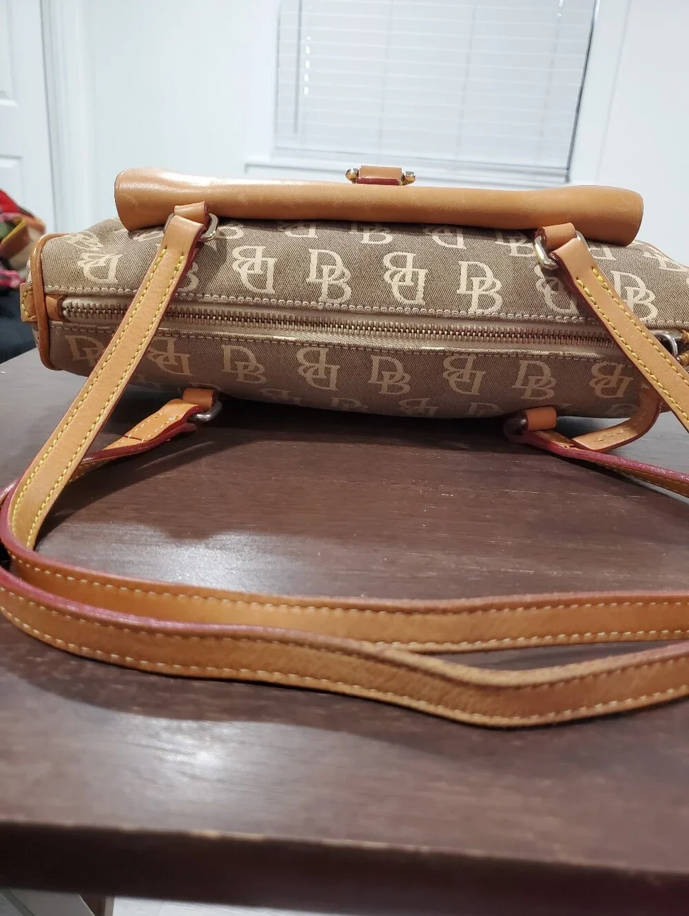 Dooney & Bourke Tan Logo Canvas Duffel with Leather Trim